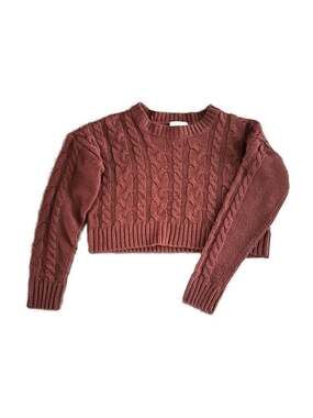 Pink Rose Women's Burgundy Cable Knit Crew Neck Crop Sweater